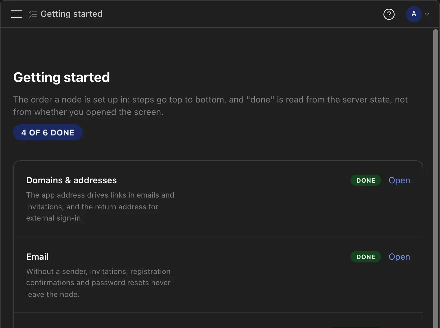 God Mode → Getting started: server checklist, 4 of 6 done — domains, email, modules, AI
